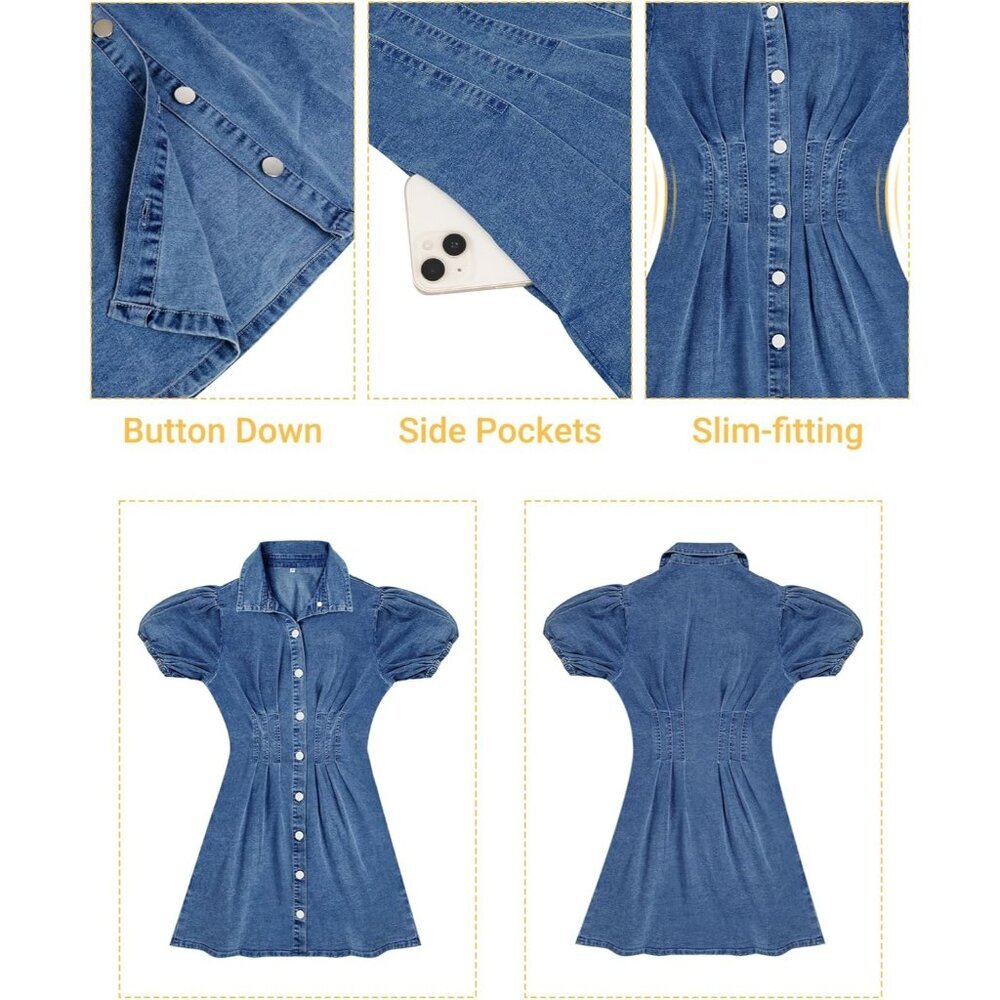 Denim Dress Women Puff Sleeve Mini Casual Summer Blue Size Medium - Picture 4 of 6